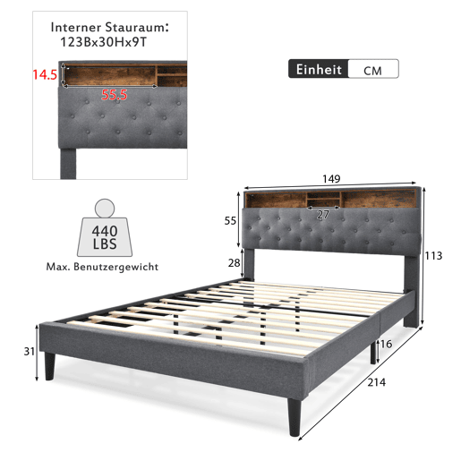 Cama de casal estofada 140x200 - com arrumação, cabeceira e luz LED, estrado de madeira - Cinza