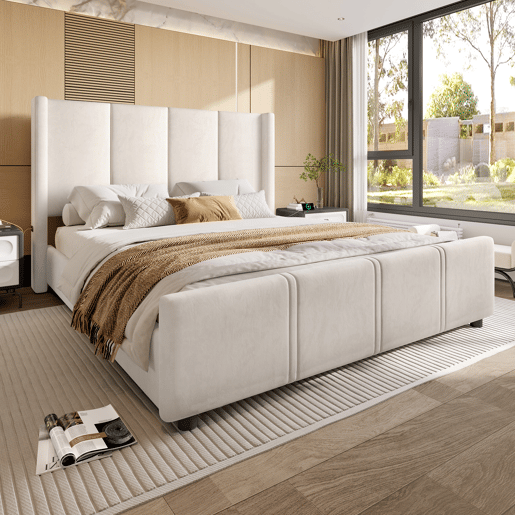 Estrutura de cama 140x200 cm - estilo moderno, cabeceira e pés altos, USB certificado, combinação de ferro e madeira - Bege