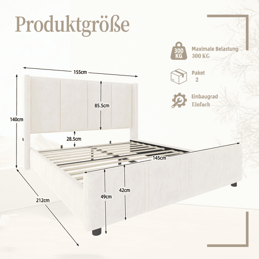 Estrutura de cama 140x200 cm - estilo moderno, cabeceira e pés altos, USB certificado, combinação de ferro e madeira - Bege
