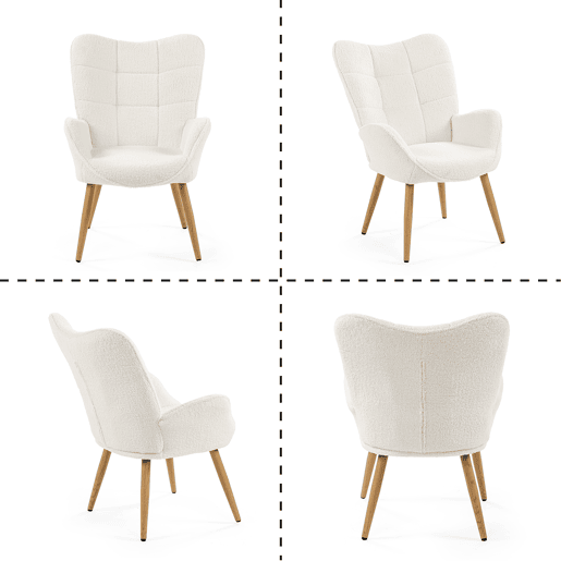Poltrona Relax Acolchoada Estilo Escandinavo Cor Branco Off Com Pernas De Madeira Resistente Altura Ergonómica 90.5cm Ideal Para Sala Quarto Escritório Sala De Jantar Moderna Confortável Encosto Alto Capacidade 120kg