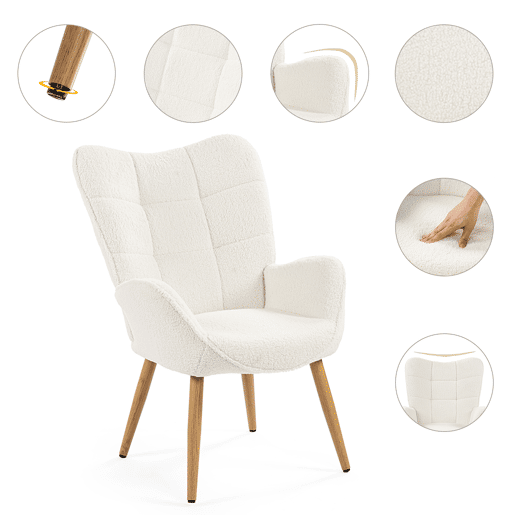 Poltrona Relax Acolchoada Estilo Escandinavo Cor Branco Off Com Pernas De Madeira Resistente Altura Ergonómica 90.5cm Ideal Para Sala Quarto Escritório Sala De Jantar Moderna Confortável Encosto Alto Capacidade 120kg