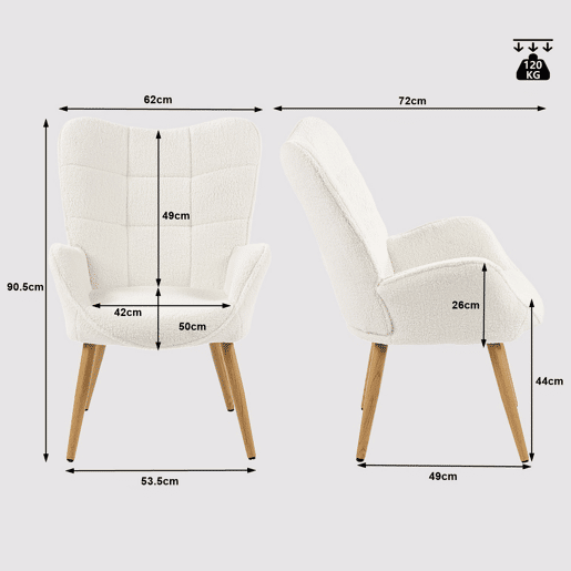 Poltrona Relax Acolchoada Estilo Escandinavo Cor Branco Off Com Pernas De Madeira Resistente Altura Ergonómica 90.5cm Ideal Para Sala Quarto Escritório Sala De Jantar Moderna Confortável Encosto Alto Capacidade 120kg