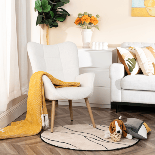 Poltrona Relax Acolchoada Estilo Escandinavo Cor Branco Off Com Pernas De Madeira Resistente Altura Ergonómica 90.5cm Ideal Para Sala Quarto Escritório Sala De Jantar Moderna Confortável Encosto Alto Capacidade 120kg