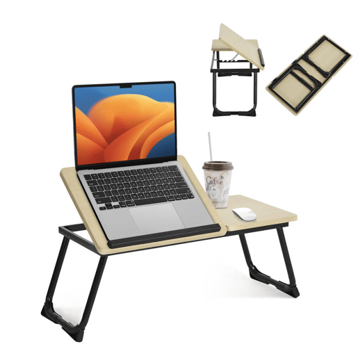 Mesa de Cama Dobrável para Laptop Inclinável, 5 Níveis Reguláveis, 65 cm, Multifuncional, Suporte de Leitura, Preto