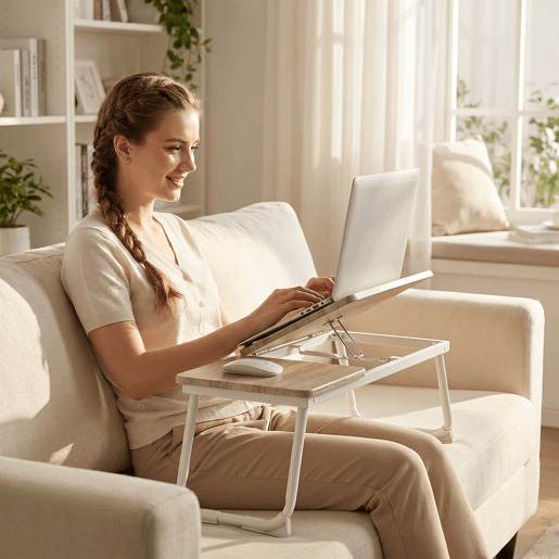 Mesa de Cama Dobrável para Laptop Inclinável, 5 Níveis Reguláveis, 65 cm, Multifuncional, Suporte de Leitura, Branco