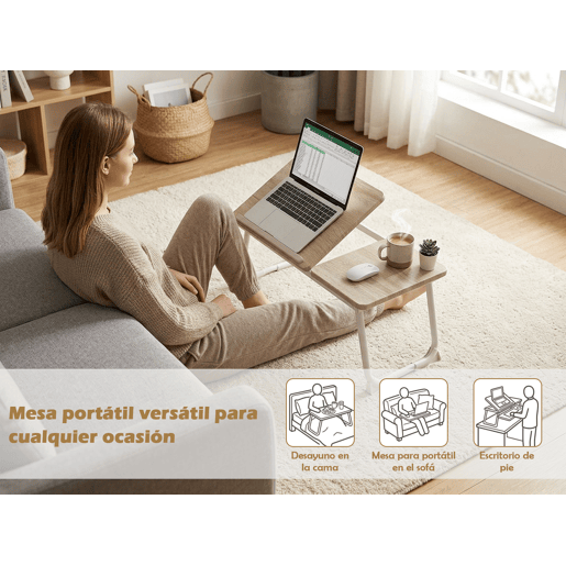 Mesa de Cama Dobrável para Laptop Inclinável, 5 Níveis Reguláveis, 65 cm, Multifuncional, Suporte de Leitura, Branco