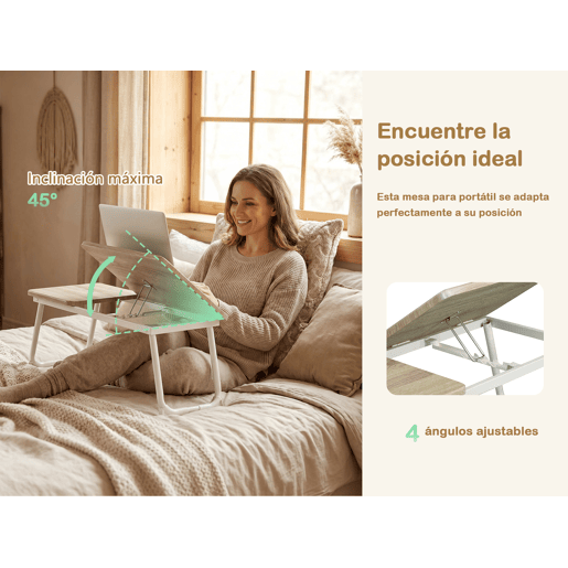 Mesa de Cama Dobrável para Laptop Inclinável, 5 Níveis Reguláveis, 65 cm, Multifuncional, Suporte de Leitura, Branco