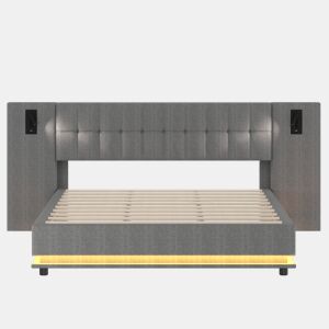 Cama estofada 180x200 cm - Com faixa LED, cabeceira com spot, USB, sem colchão, linho, cinza