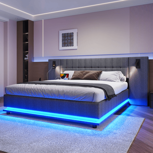 Cama estofada 180x200 cm - Com faixa LED, cabeceira com spot, USB, sem colchão, linho, cinza