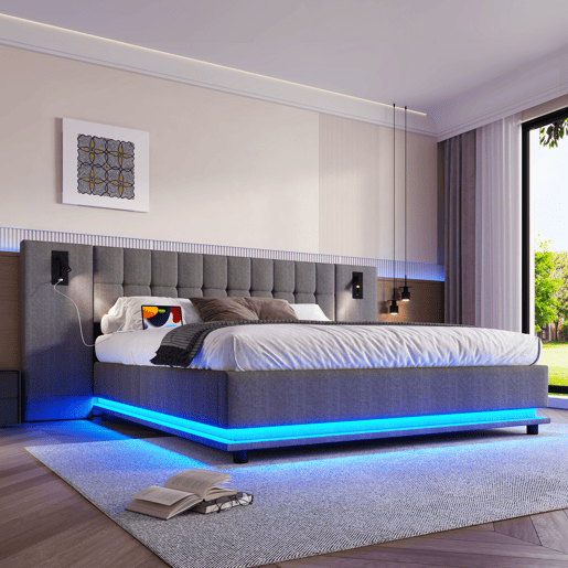 Cama estofada 180x200 cm - Com faixa LED, cabeceira com spot, USB, sem colchão, linho, cinza