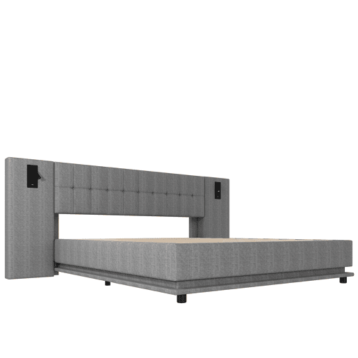 Cama estofada 180x200 cm - Com faixa LED, cabeceira com spot, USB, sem colchão, linho, cinza