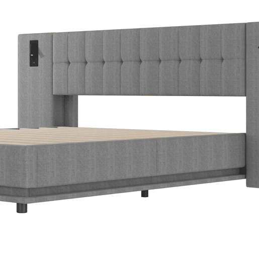 Cama estofada 180x200 cm - Com faixa LED, cabeceira com spot, USB, sem colchão, linho, cinza