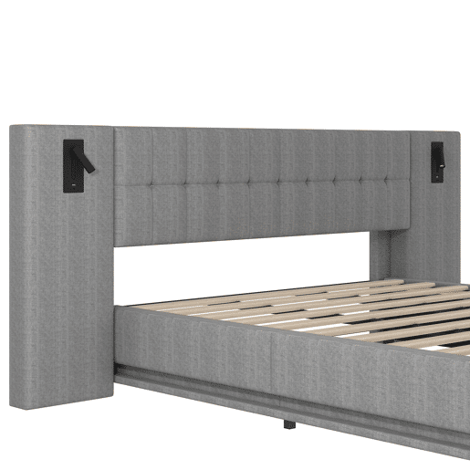 Cama estofada 180x200 cm - Com faixa LED, cabeceira com spot, USB, sem colchão, linho, cinza