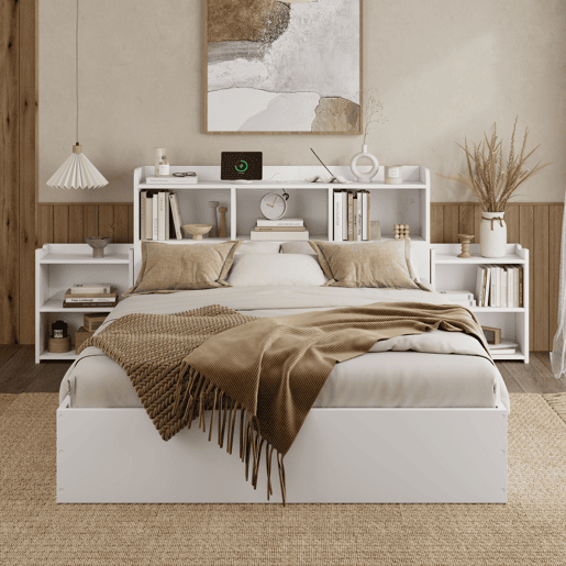 Cama de casal 140x200 - com cabeceira, 2 mesas de cabeceira removíveis, prateleiras, carregamento sem fios e USB, gavetas - branco