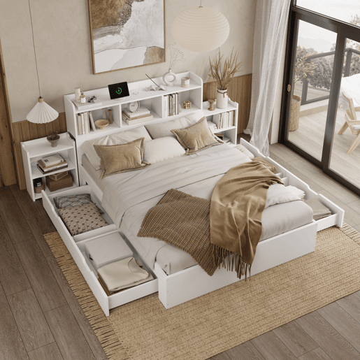 Cama de casal 140x200 - com cabeceira, 2 mesas de cabeceira removíveis, prateleiras, carregamento sem fios e USB, gavetas - branco
