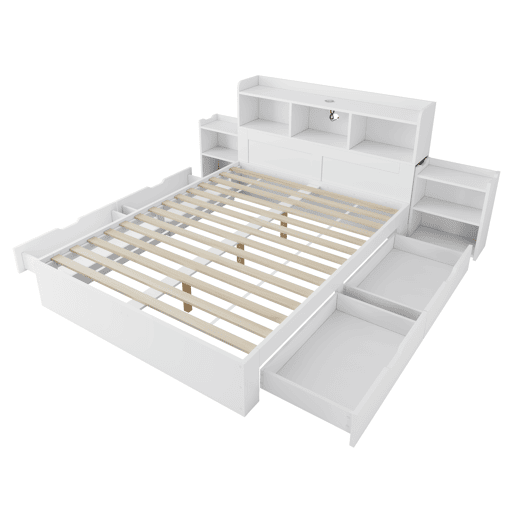 Cama de casal 140x200 - com cabeceira, 2 mesas de cabeceira removíveis, prateleiras, carregamento sem fios e USB, gavetas - branco