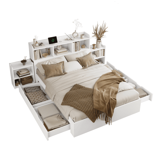 Cama de casal 140x200 - com cabeceira, 2 mesas de cabeceira removíveis, prateleiras, carregamento sem fios e USB, gavetas - branco