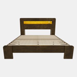Cama de madeira 140 x 200 cm - com arrumação na cabeceira, iluminação LED, tomadas integradas, cama de plataforma em estilo vintage moderno - Madeira