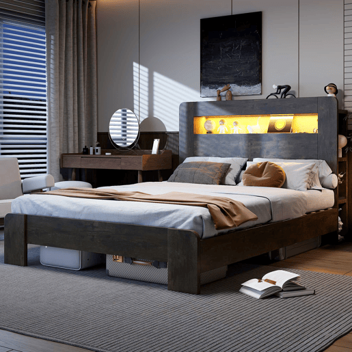 Cama de madeira 140 x 200 cm - com arrumação na cabeceira, iluminação LED, tomadas integradas, cama de plataforma em estilo vintage moderno - Madeira