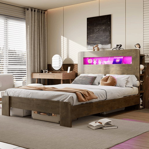 Cama de madeira 140 x 200 cm - com arrumação na cabeceira, iluminação LED, tomadas integradas, cama de plataforma em estilo vintage moderno - Madeira