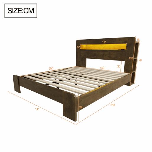 Cama de madeira 140 x 200 cm - com arrumação na cabeceira, iluminação LED, tomadas integradas, cama de plataforma em estilo vintage moderno - Madeira