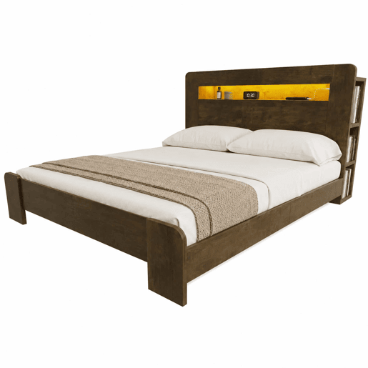 Cama de madeira 140 x 200 cm - com arrumação na cabeceira, iluminação LED, tomadas integradas, cama de plataforma em estilo vintage moderno - Madeira