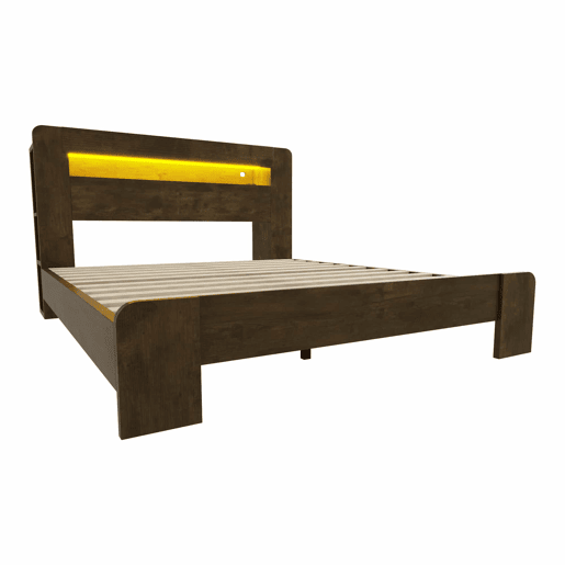 Cama de madeira 140 x 200 cm - com arrumação na cabeceira, iluminação LED, tomadas integradas, cama de plataforma em estilo vintage moderno - Madeira