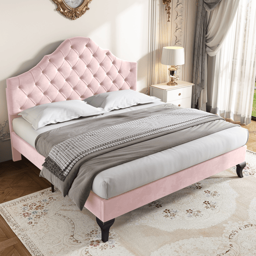 Cama estofada 140x200 - com cabeceira ajustável, suporte de ripas, rosa