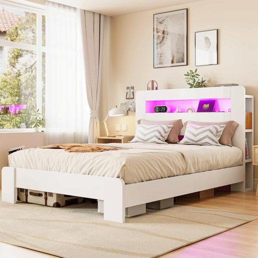 Cama de plataforma em madeira 140 x 200 cm - com arrumação na cabeceira, iluminação LED e tomadas integradas, estilo moderno - branco
