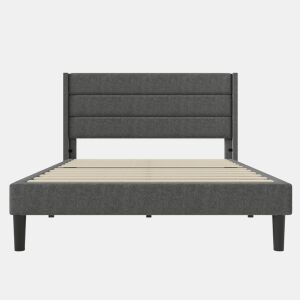Cama estofada 140x200 cm - Com estrado e cabeceira, design moderno, linho cinza escuro, com colchão