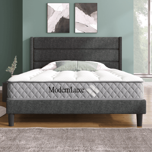 Cama estofada 140x200 cm - Com estrado e cabeceira, design moderno, linho cinza escuro, com colchão