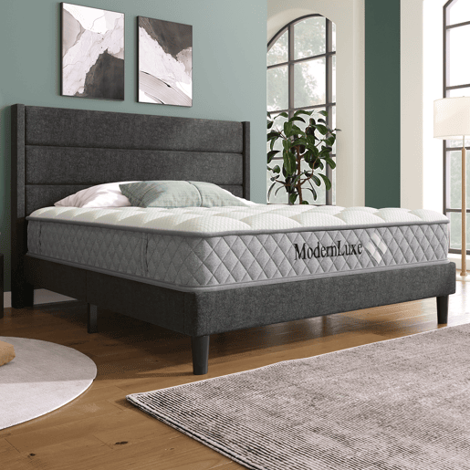 Cama estofada 140x200 cm - Com estrado e cabeceira, design moderno, linho cinza escuro, com colchão