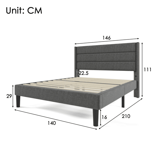Cama estofada 140x200 cm - Com estrado e cabeceira, design moderno, linho cinza escuro, com colchão