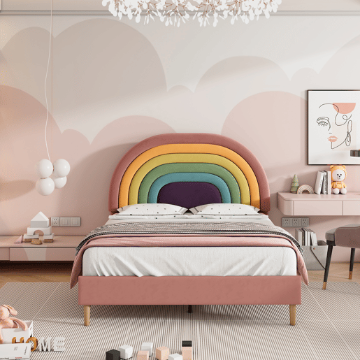 Cama estofada 140x200 - com estrado e cabeceira, juvenil e para adultos, encosto ajustável, veludo - Rosa