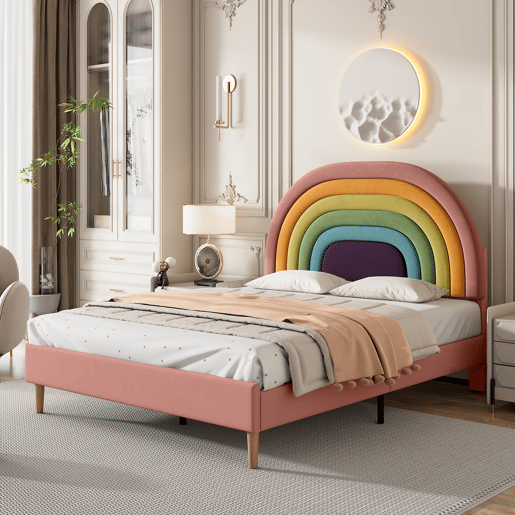 Cama estofada 140x200 - com estrado e cabeceira, juvenil e para adultos, encosto ajustável, veludo - Rosa