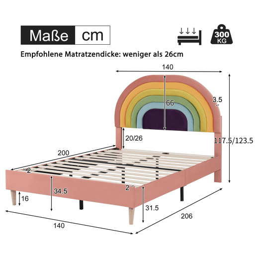 Cama estofada 140x200 - com estrado e cabeceira, juvenil e para adultos, encosto ajustável, veludo - Rosa