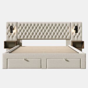 Conjunto completo cama estofada 160x200 cm - 2 mesas de cabeceira, 4 gavetas, luz LED USB - Bege