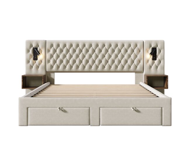 Conjunto completo cama tapizada 160x200 cm - 2 mesitas, 4 cajones, luz led usb - beige