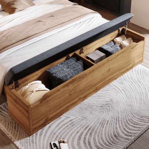 Cama de casal Polsterbett 160x200 - Com candeeiro de leitura, mesa de cabeceira com USB C e banco com arrumação - Madeira, metal e linho - Carvalho
