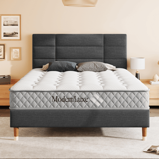 Cama estofada 140x200 cm - Com estrado e cabeceira - Linóleo cinzento escuro