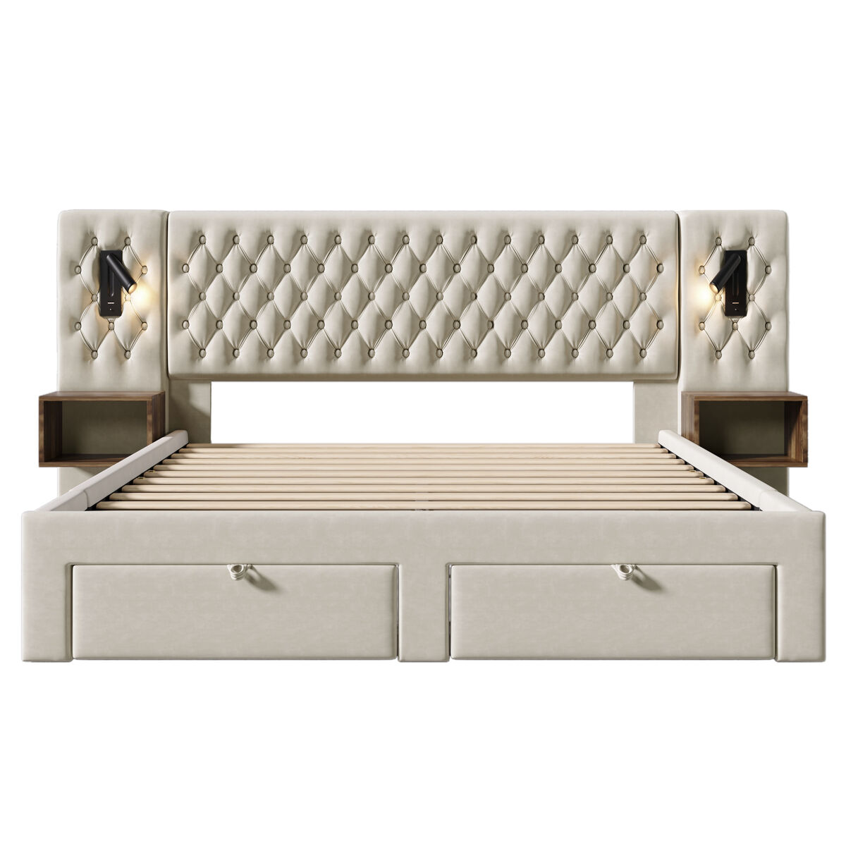 Juego de dormitorio completo - cama tapizada 160x200 cm - 2 mesitas, 4 cajones, luz led, beige, terciopelo