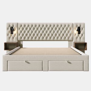 Conjunto completo para quarto - Cama estofada 160x200 cm - 2 mesas de cabeceira, 4 gavetas, luz LED, bege, veludo