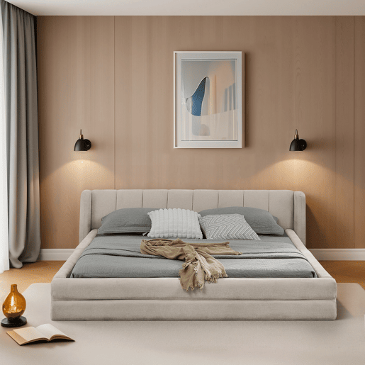Cama de casal 160x200 cm - Chenille, encosto confortável, estrutura robusta em eucalipto e ferro, fácil de montar - Bege