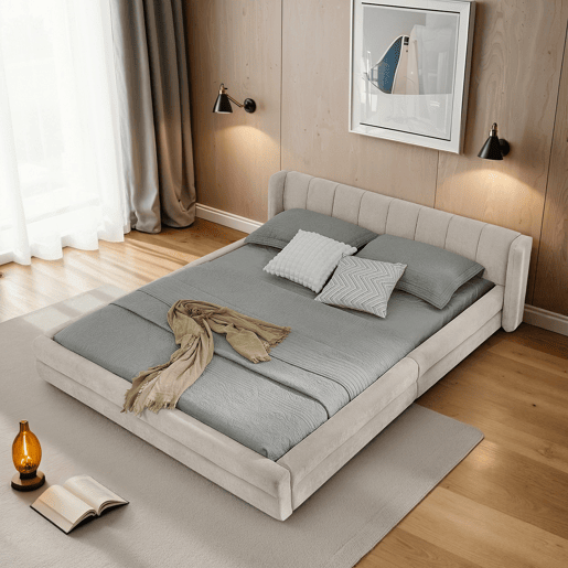 Cama de casal 160x200 cm - Chenille, encosto confortável, estrutura robusta em eucalipto e ferro, fácil de montar - Bege