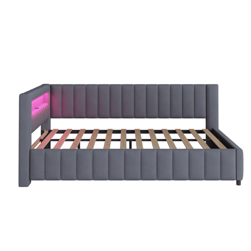 Sofá-cama estofado 140x200 cm - Com luz LED, porta USB, encosto e cabeceira, estrutura resistente - Cinza