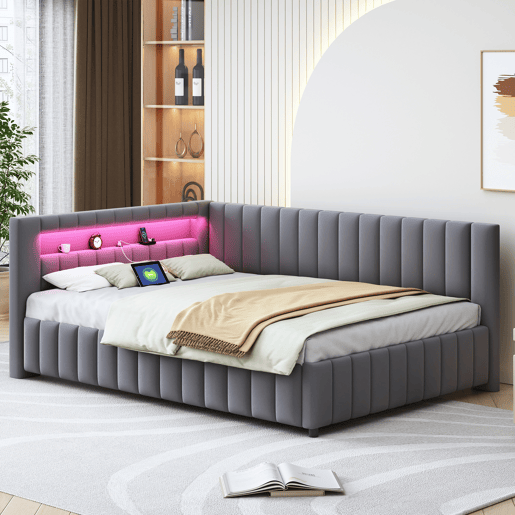 Sofá-cama estofado 140x200 cm - Com luz LED, porta USB, encosto e cabeceira, estrutura resistente - Cinza