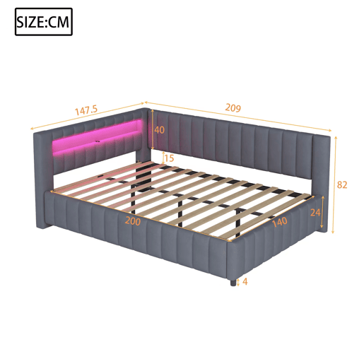 Sofá-cama estofado 140x200 cm - Com luz LED, porta USB, encosto e cabeceira, estrutura resistente - Cinza