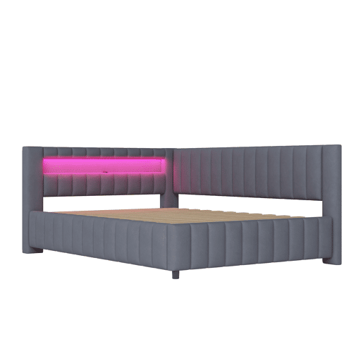 Sofá-cama estofado 140x200 cm - Com luz LED, porta USB, encosto e cabeceira, estrutura resistente - Cinza