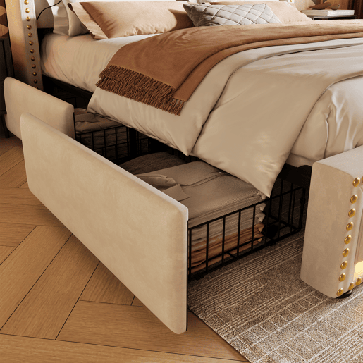 Cama Polsterbett 140x200 - Com 4 gavetas, iluminação LED, porta USB-C, cama juvenil com estrado, veludo, bege - Com colchão