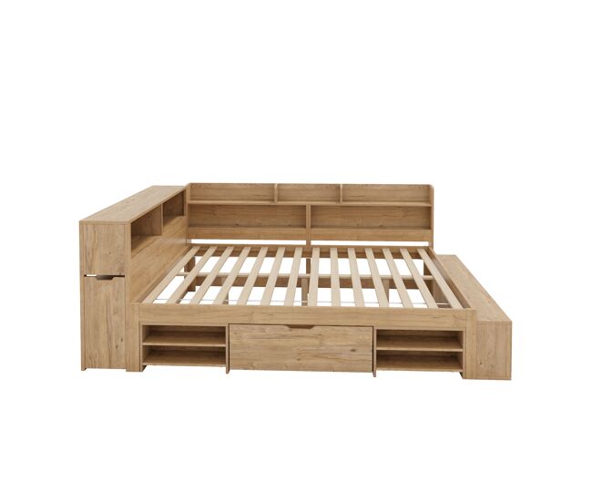Cama infantil 140x200 cm - multifuncional con mesita, cajones, estantes y almacenamiento - natural